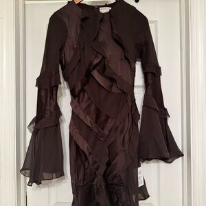 NWT ASOS DESIGN US 6 ruffle satin chiffon mix longsleeve mini dress in chocolate